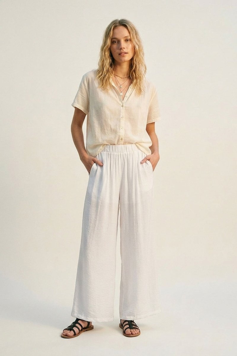 White Lightweight Woven Elastic Waist Wide Leg Pants - Demented Sisters