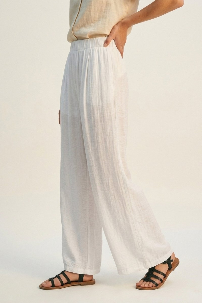 White Lightweight Woven Elastic Waist Wide Leg Pants - Demented Sisters