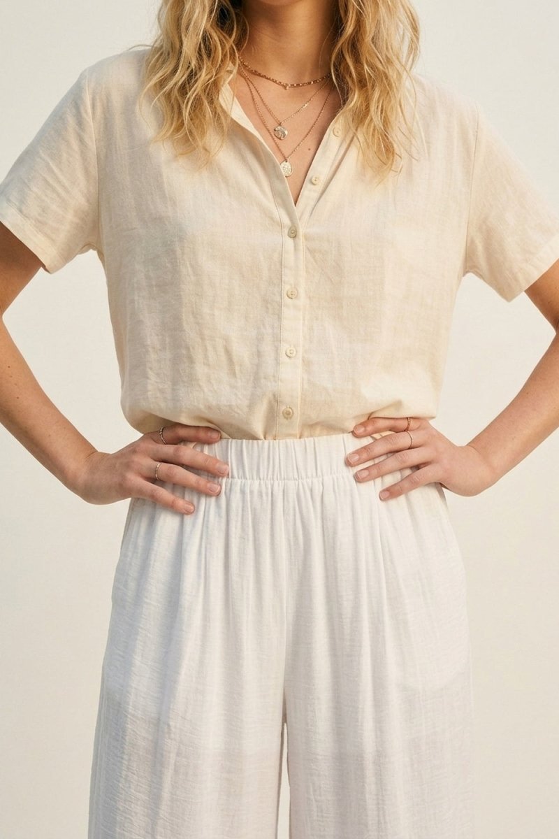 White Lightweight Woven Elastic Waist Wide Leg Pants - Demented Sisters