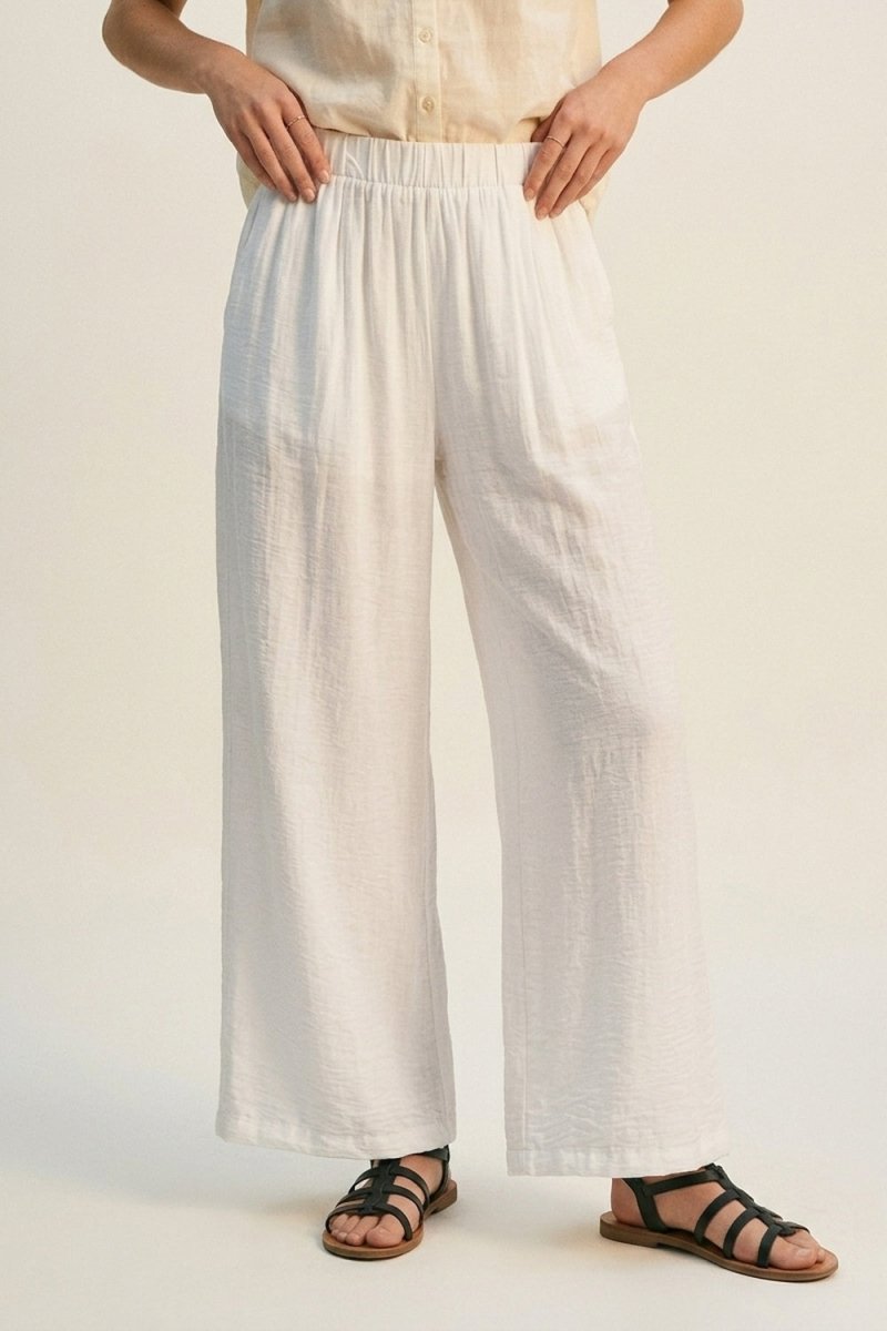 White Lightweight Woven Elastic Waist Wide Leg Pants - Demented Sisters