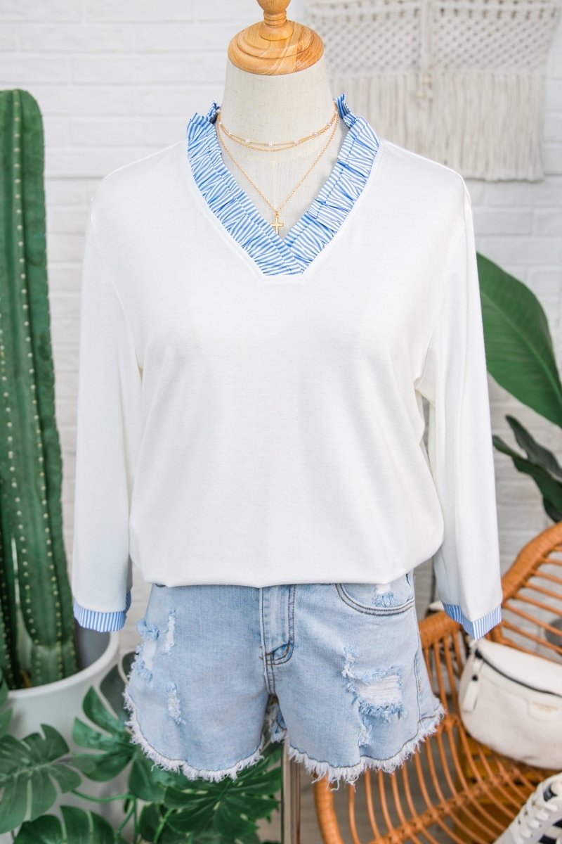 White Striped Patchwork V Neck 3/4 Sleeve Blouse - Demented Sisters