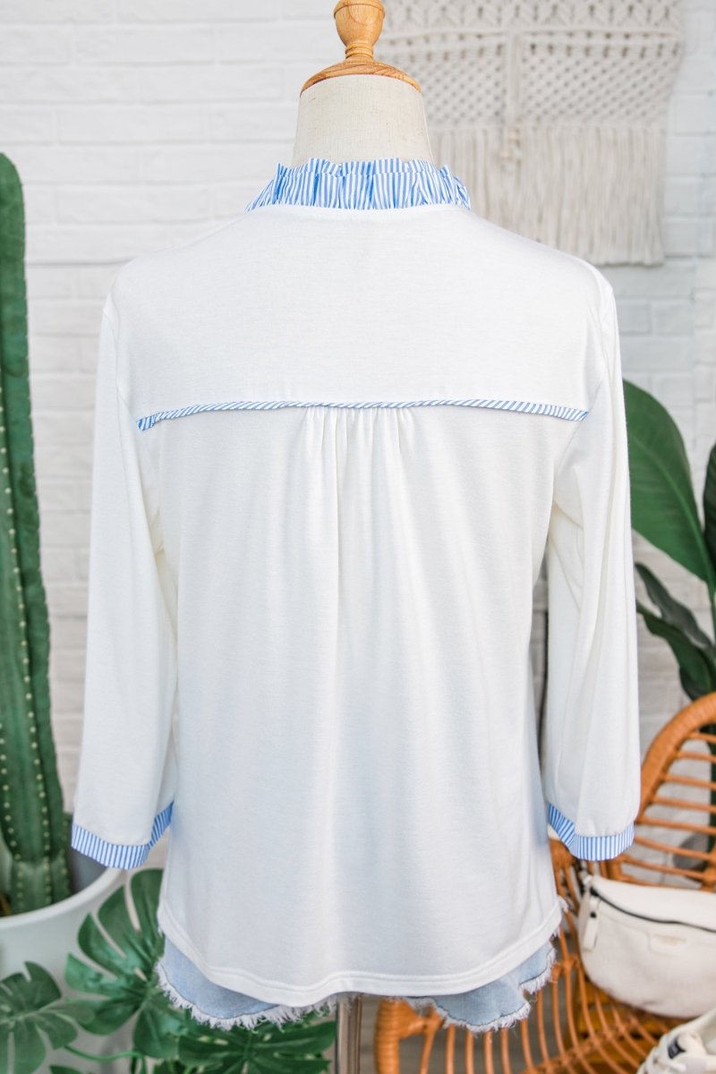 White Striped Patchwork V Neck 3/4 Sleeve Blouse - Demented Sisters