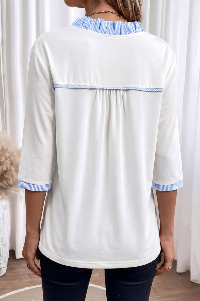 White Striped Patchwork V Neck 3/4 Sleeve Blouse - Demented Sisters