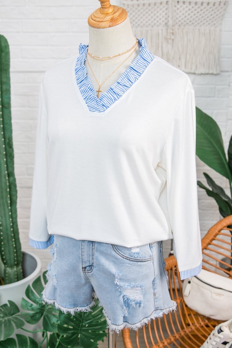 White Striped Patchwork V Neck 3/4 Sleeve Blouse - Demented Sisters