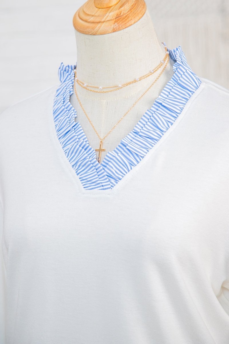 White Striped Patchwork V Neck 3/4 Sleeve Blouse - Demented Sisters