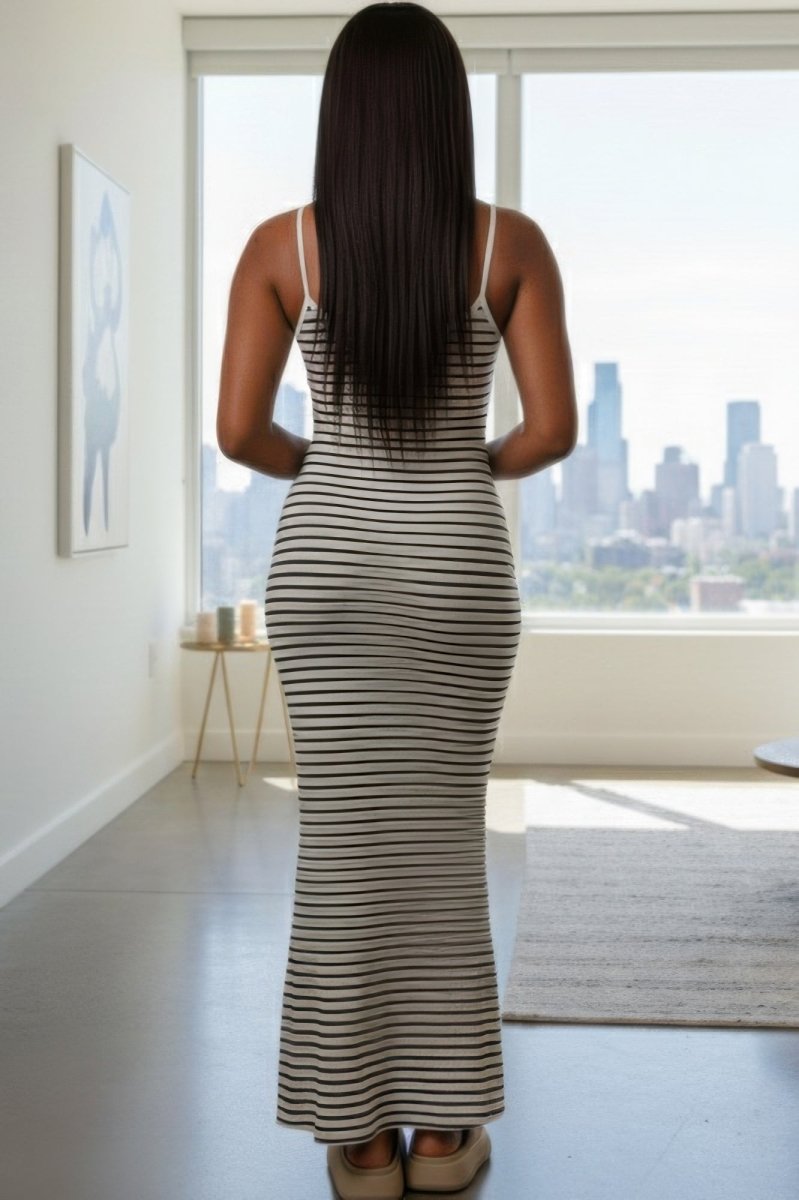 Women's Rib Knit Striped Bodycon Maxi Slip Dress - Demented Sisters