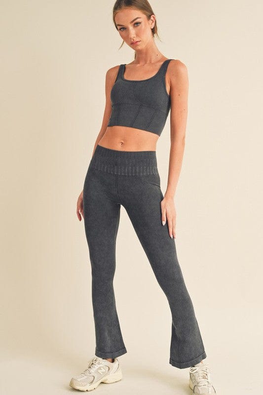 Women's Stone Washed Ribbed Matching Yoga Set - Demented Sisters