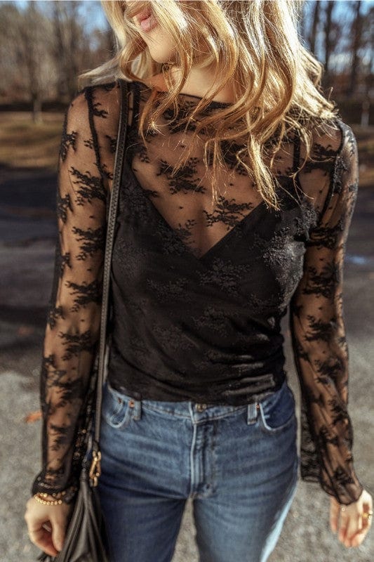Lace Mesh Crochet Splicing Slim Long Sleeve Blouse - Demented Sisters