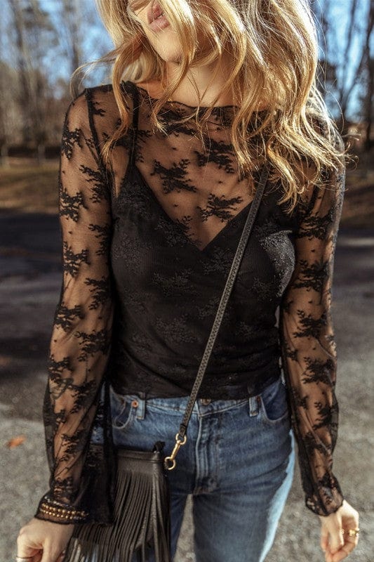 Lace Mesh Crochet Splicing Slim Long Sleeve Blouse - Demented Sisters