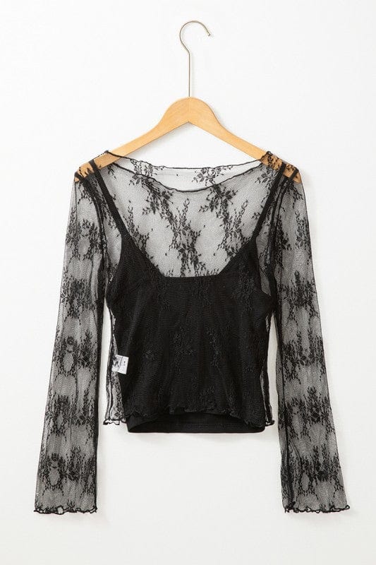 Lace Mesh Crochet Splicing Slim Long Sleeve Blouse - Demented Sisters