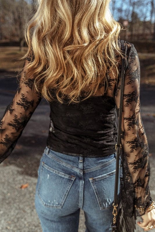 Lace Mesh Crochet Splicing Slim Long Sleeve Blouse - Demented Sisters