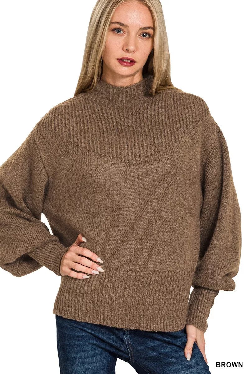 Zenana Balloon Sleeve Mock Neck Sweater - Demented Sisters