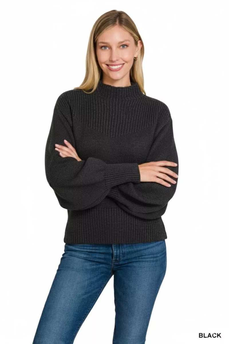 Zenana Balloon Sleeve Mock Neck Sweater - Demented Sisters