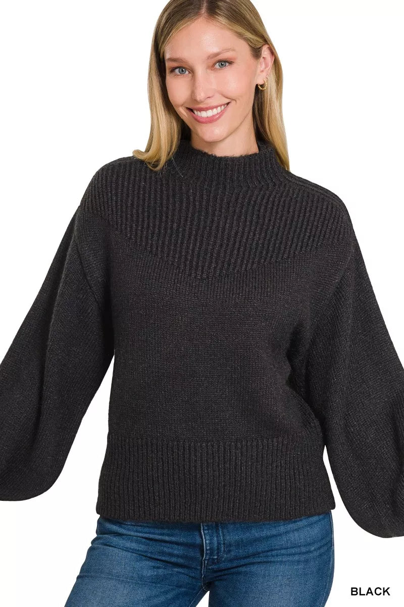 Zenana Balloon Sleeve Mock Neck Sweater - Demented Sisters