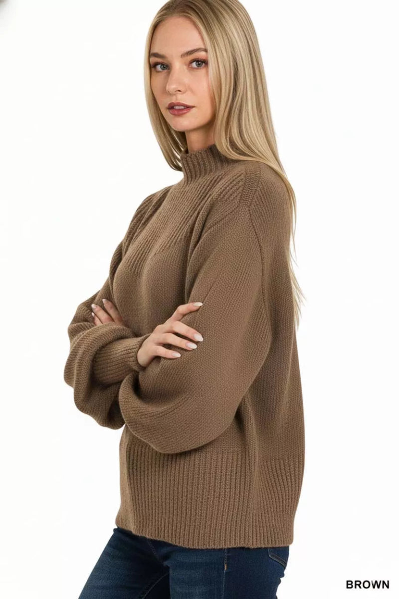 Zenana Balloon Sleeve Mock Neck Sweater - Demented Sisters