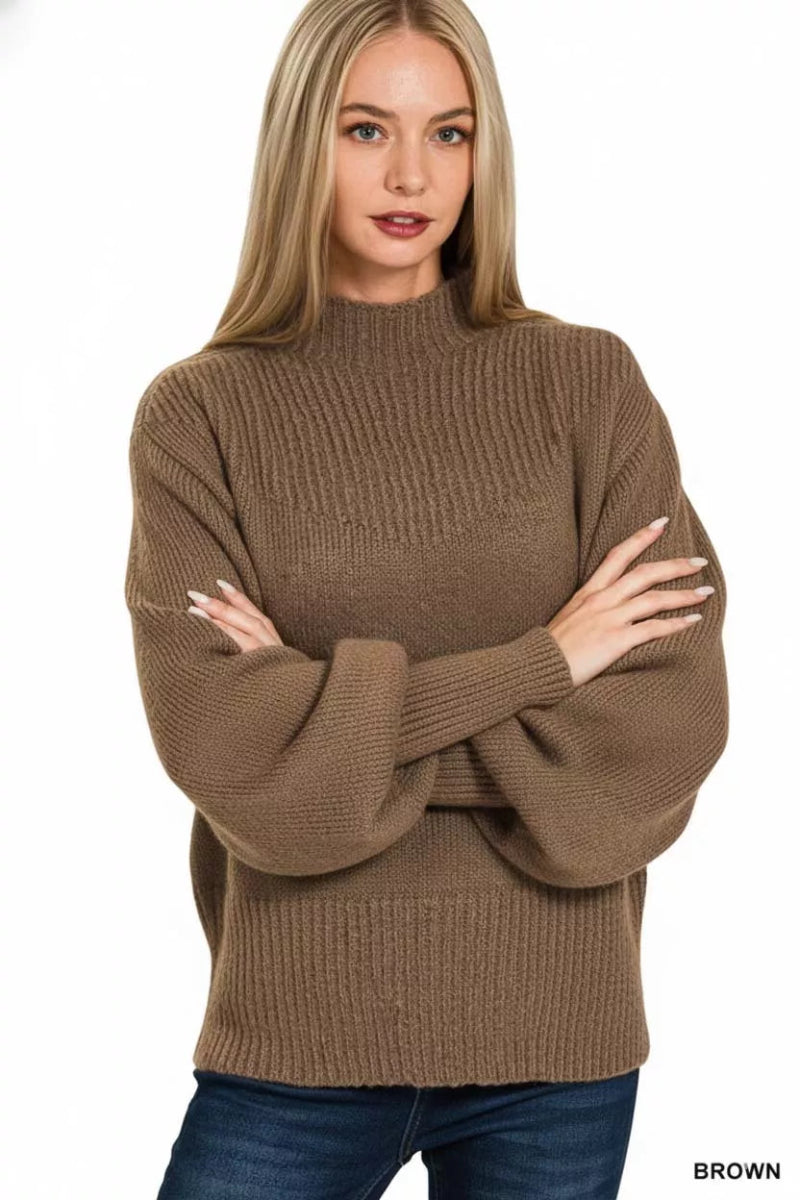 Zenana Balloon Sleeve Mock Neck Sweater - Demented Sisters