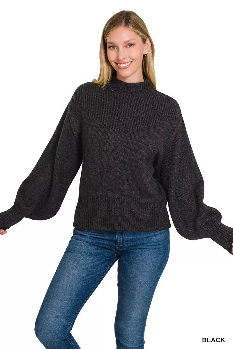 Zenana Balloon Sleeve Mock Neck Sweater - Demented Sisters