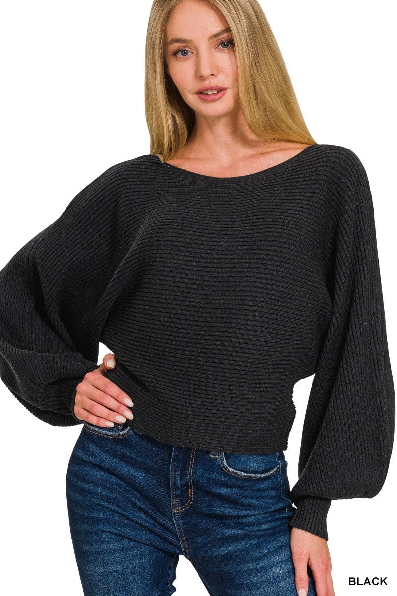 Zenana Boat Neck Balloon Sleeve Sweater - Demented Sisters
