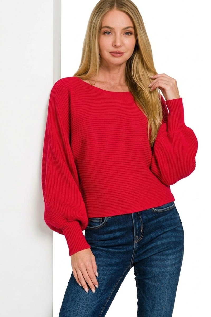 Zenana Boat Neck Balloon Sleeve Sweater - Demented Sisters