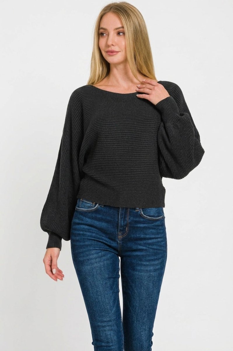 Zenana Boat Neck Balloon Sleeve Sweater - Demented Sisters
