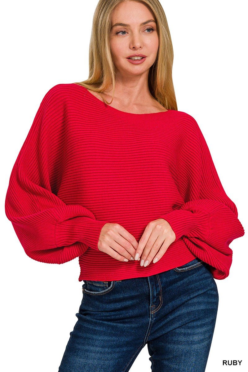 Zenana Boat Neck Balloon Sleeve Sweater - Demented Sisters