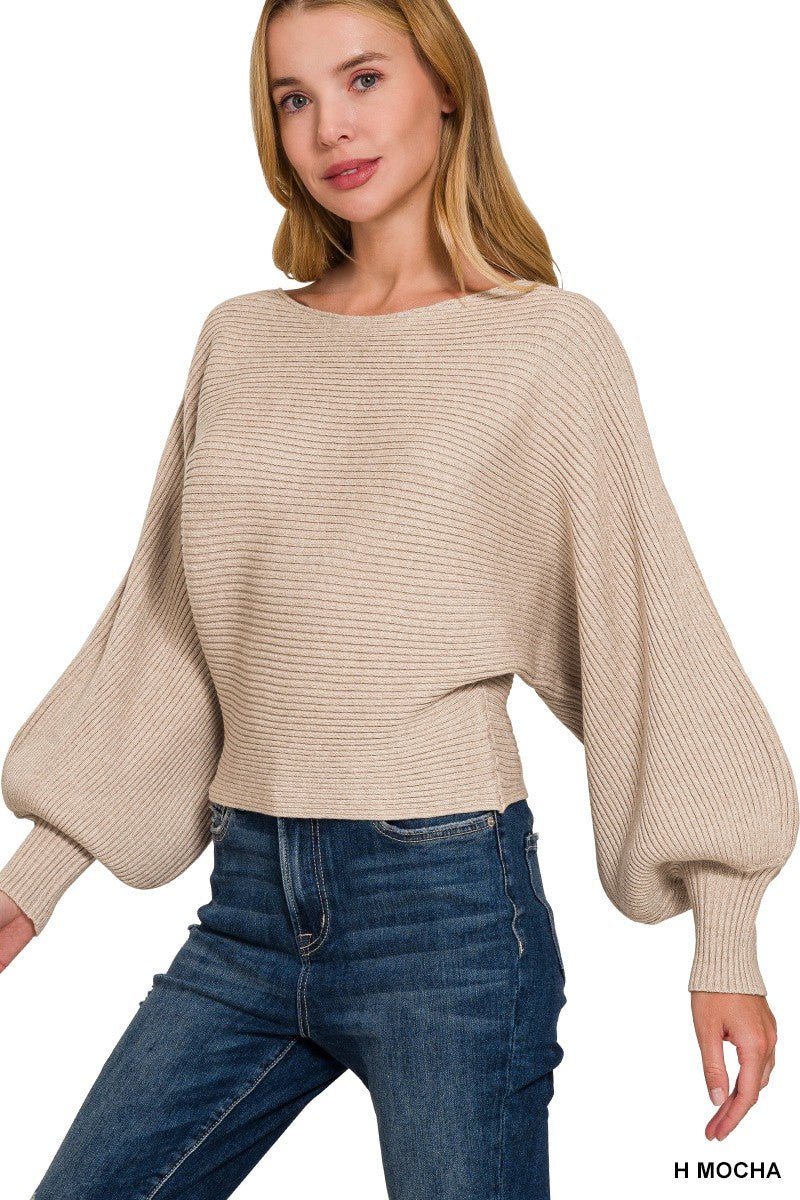 Zenana Boat Neck Balloon Sleeve Sweater - Demented Sisters