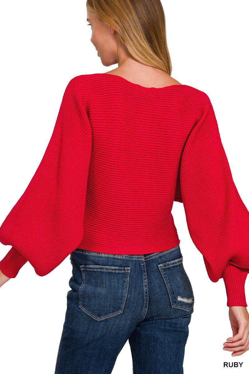 Zenana Boat Neck Balloon Sleeve Sweater - Demented Sisters