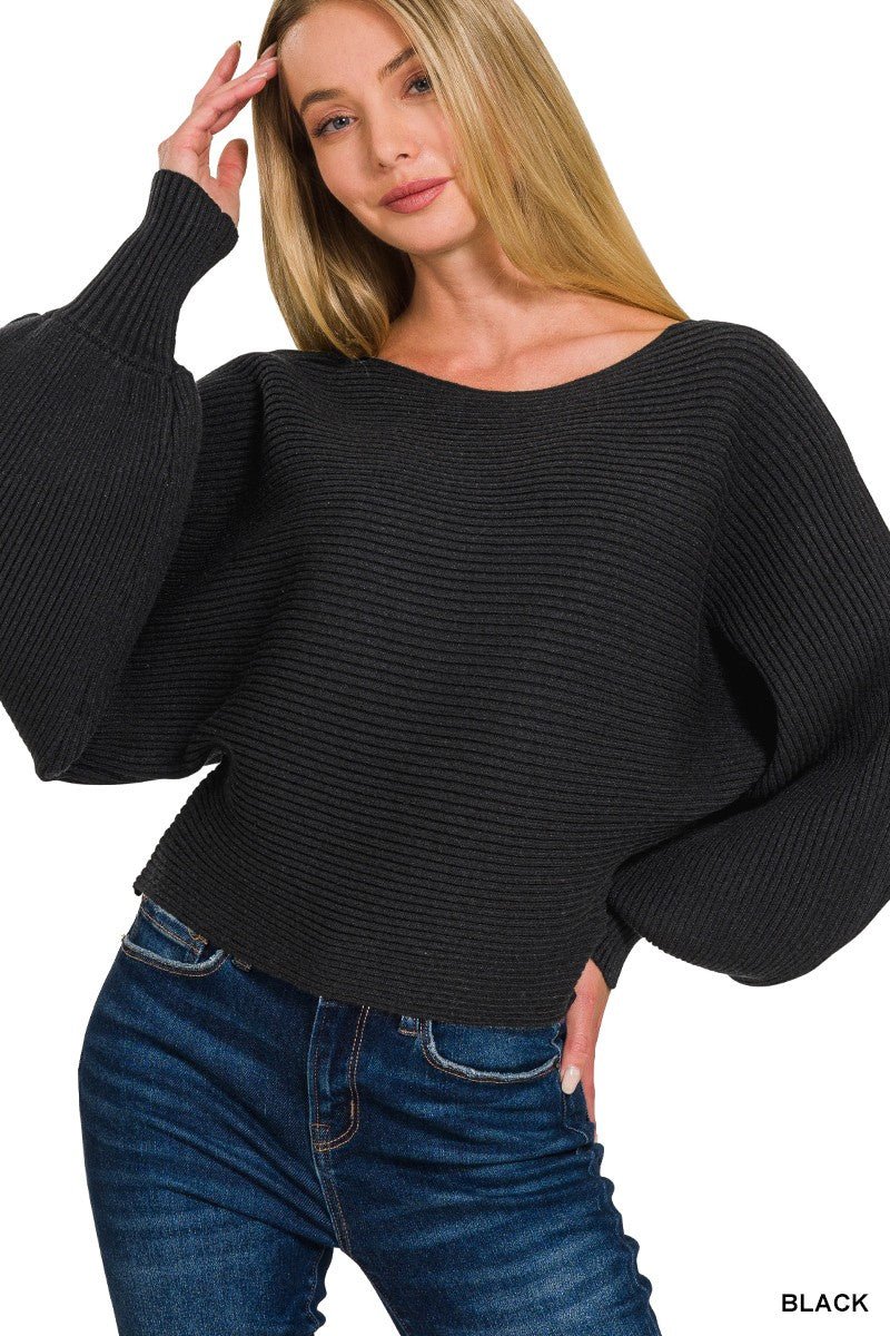 Zenana Boat Neck Balloon Sleeve Sweater - Demented Sisters