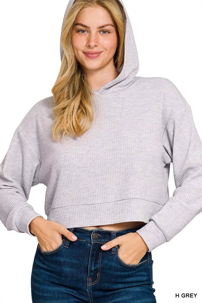 Zenana Drop Shoulder Ribbed Crop Hoodie - Demented Sisters