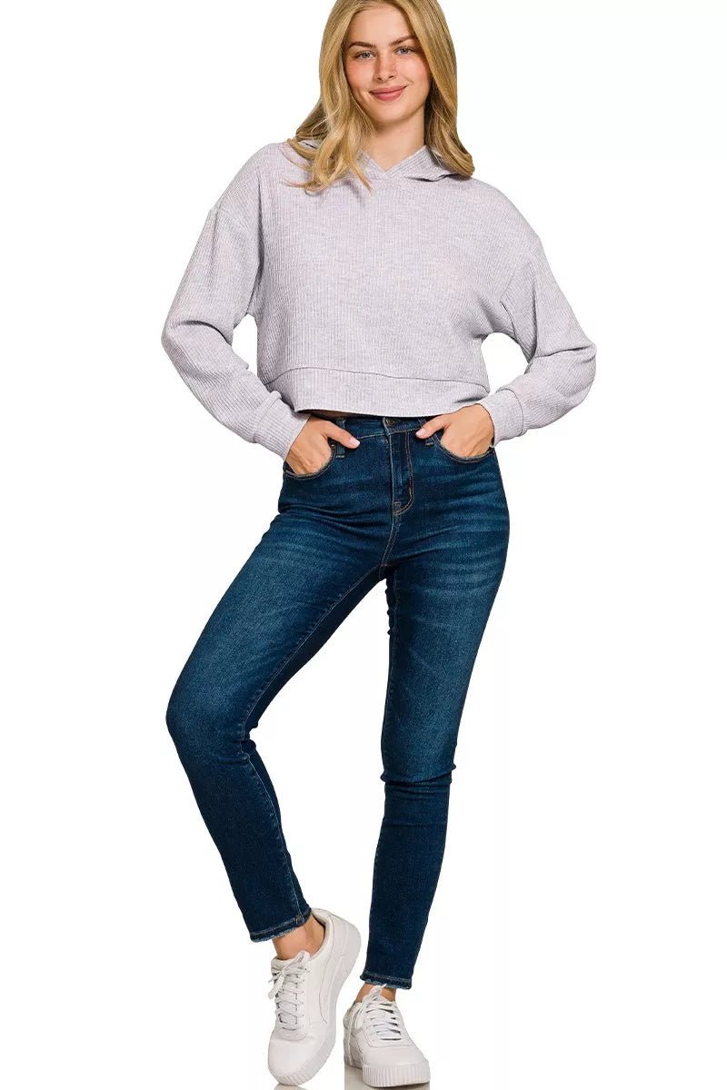 Zenana Drop Shoulder Ribbed Crop Hoodie - Demented Sisters