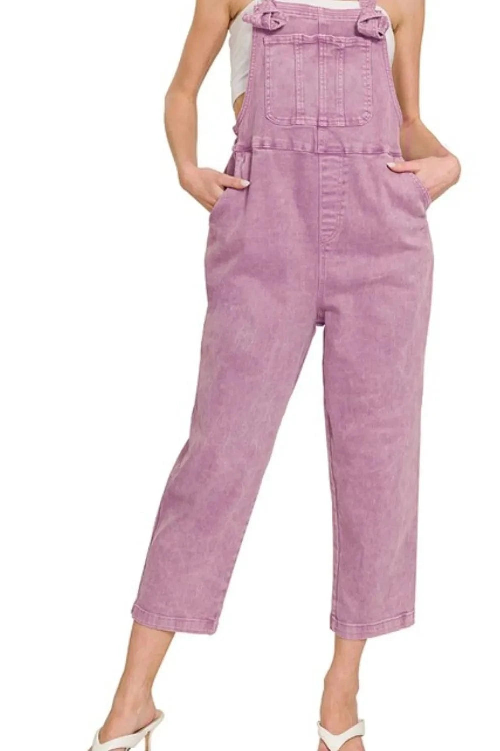 Washed Knot‑Strap Relaxed Denim Overalls – Zenana - Demented Sisters