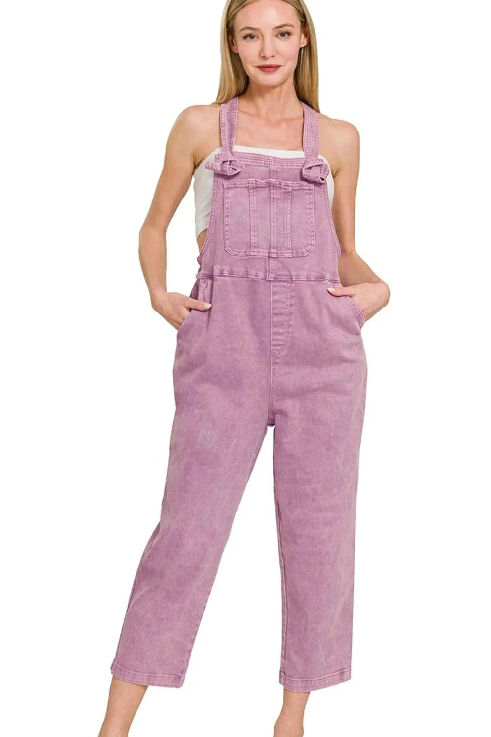 Washed Knot‑Strap Relaxed Denim Overalls – Zenana - Demented Sisters