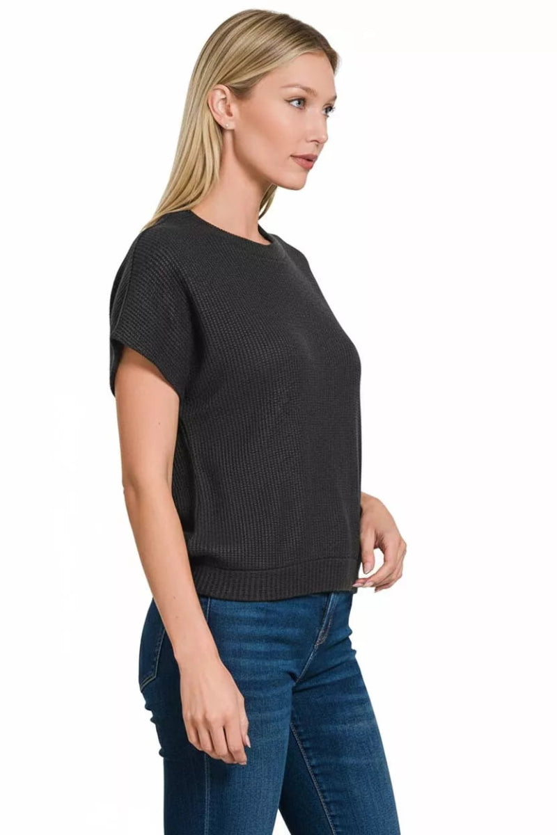 Zenana Round Neck Banded Botton Short Sleeve Sweater - Demented Sisters