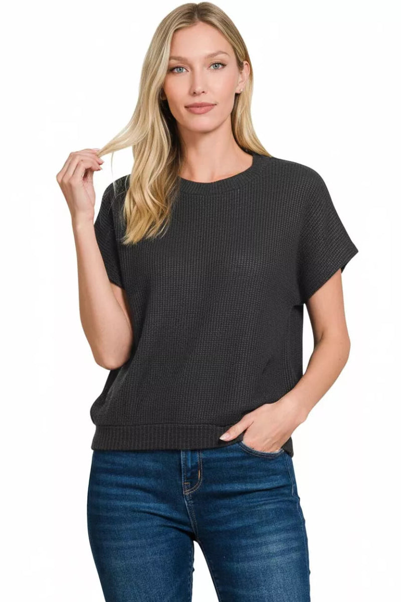 Zenana Round Neck Banded Botton Short Sleeve Sweater - Demented Sisters