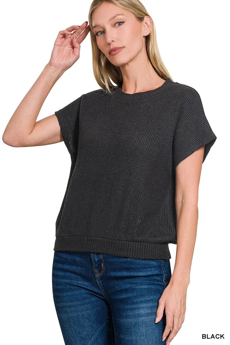 Zenana Round Neck Banded Botton Short Sleeve Sweater - Demented Sisters