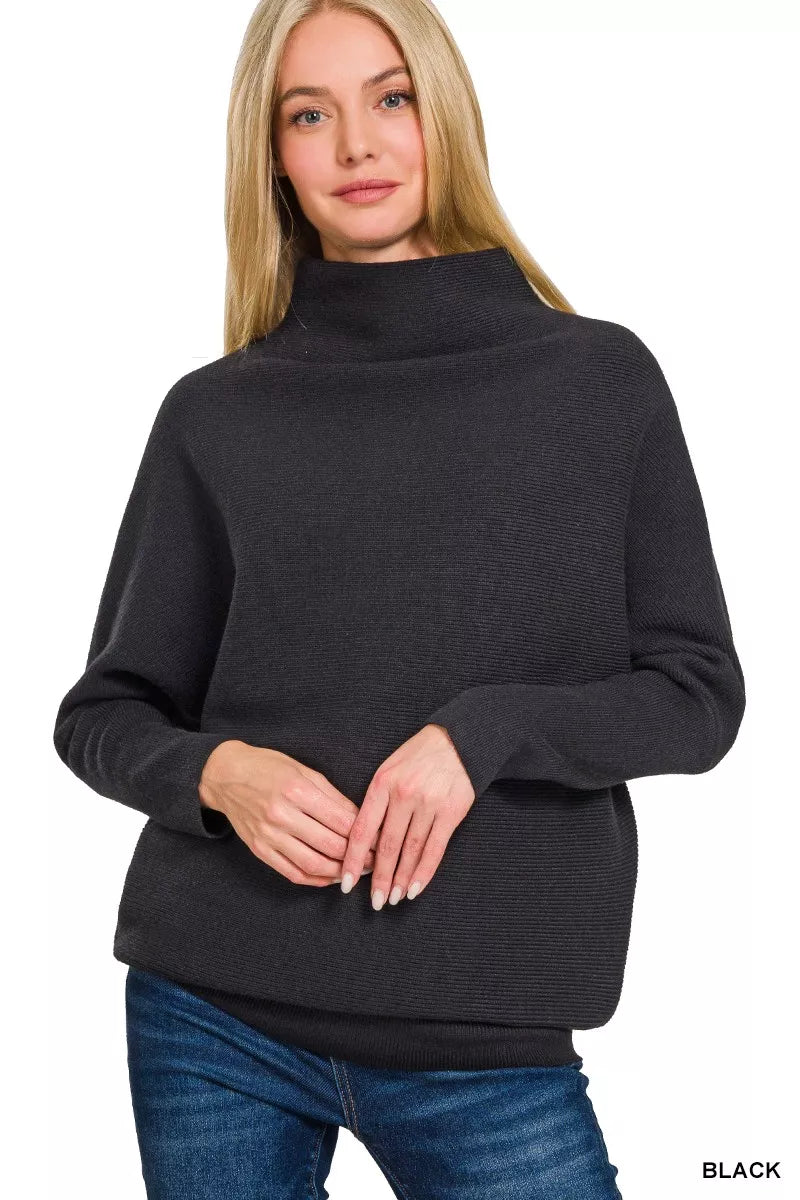 Zenana Viscose Dolman Sleeve Mock Neck Sweater - Demented Sisters