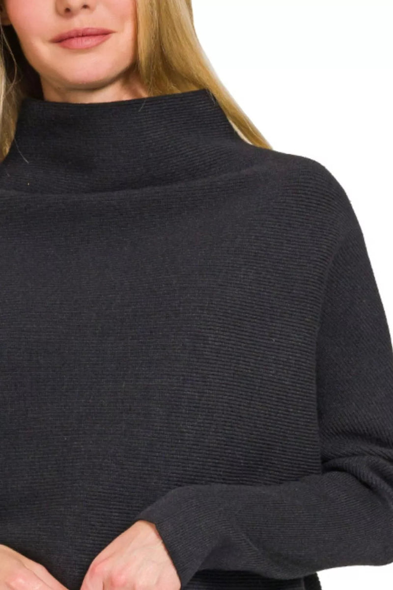 Zenana Viscose Dolman Sleeve Mock Neck Sweater - Demented Sisters