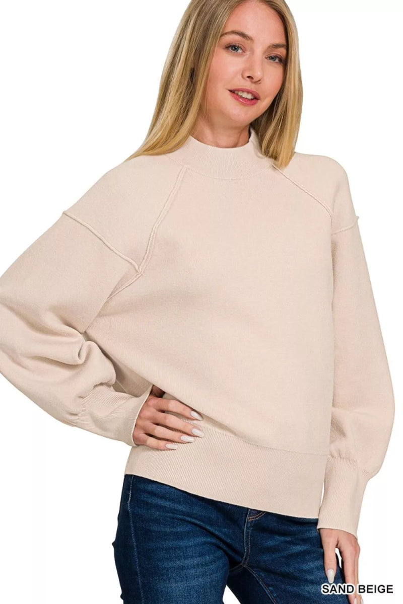 Zenana Viscose Mock Neck Exposed Seam Sweater - Demented Sisters