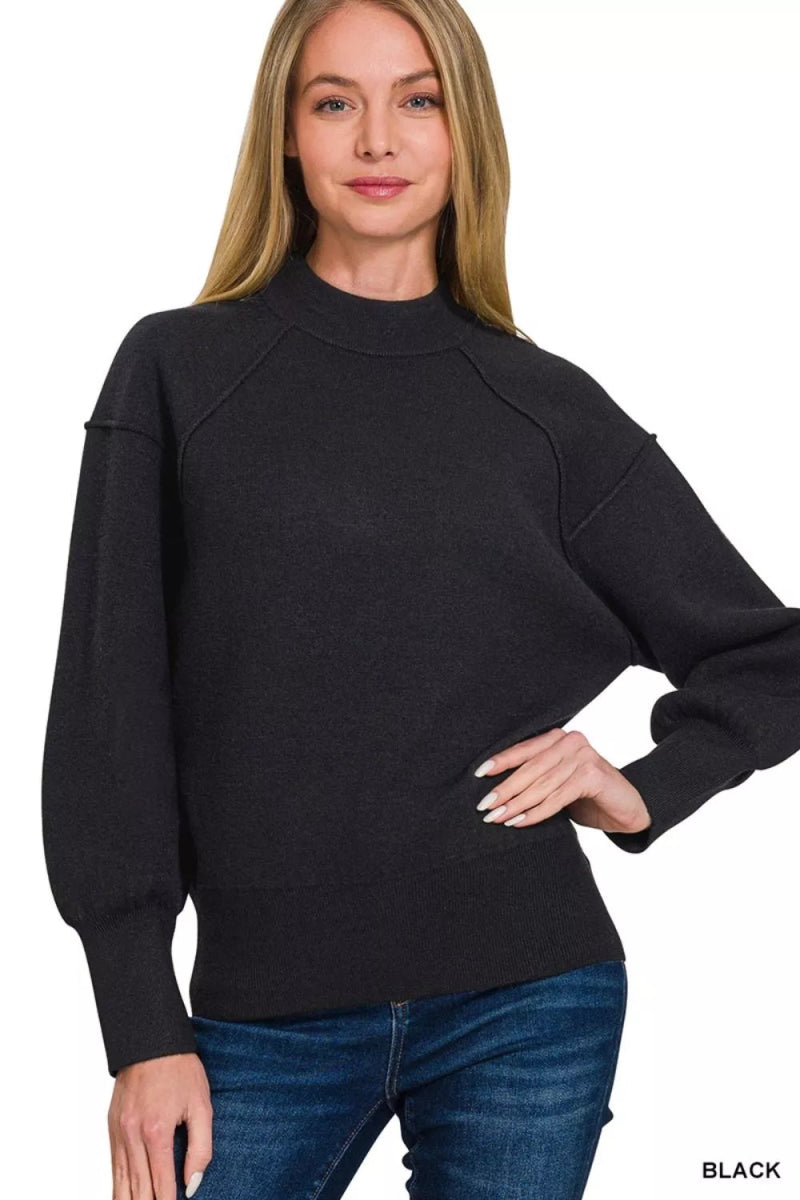 Zenana Viscose Mock Neck Exposed Seam Sweater - Demented Sisters