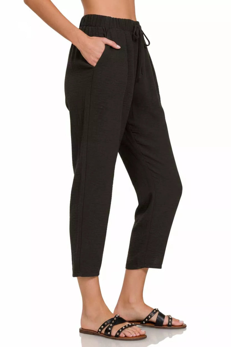 Zenana Woven Crepe Elastic Band Waist Pants - Demented Sisters