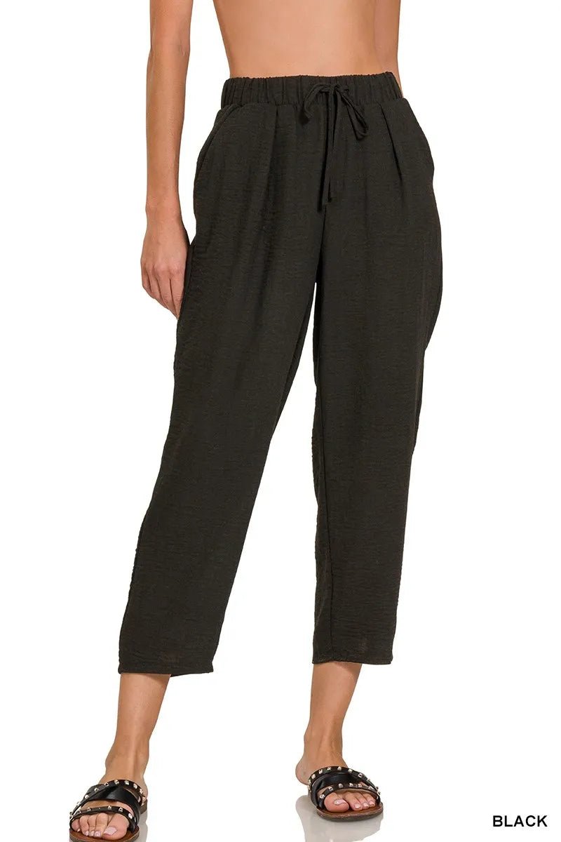 Zenana Woven Crepe Elastic Band Waist Pants - Demented Sisters