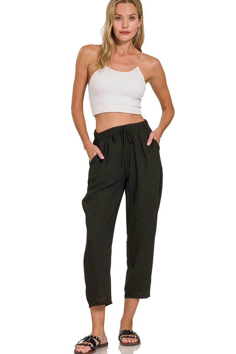 Zenana Woven Crepe Elastic Band Waist Pants - Demented Sisters